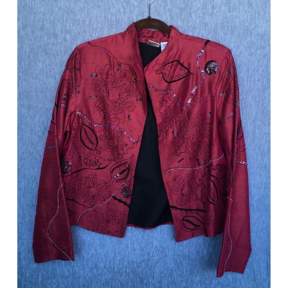 Bleu Bayou Long Sleeve Open Front 100% Silk Beaded Red Jacket Woman' SZ Medium - Picture 1 of 16